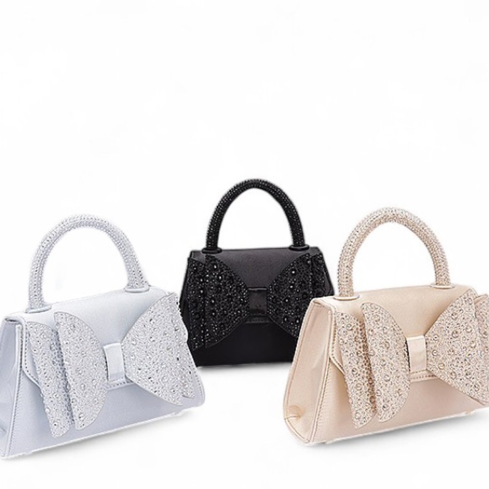 Vegan Leather Rhinestone Bow Top Handle Bag - Gold, Black, and Silver - Picture 4 of 8